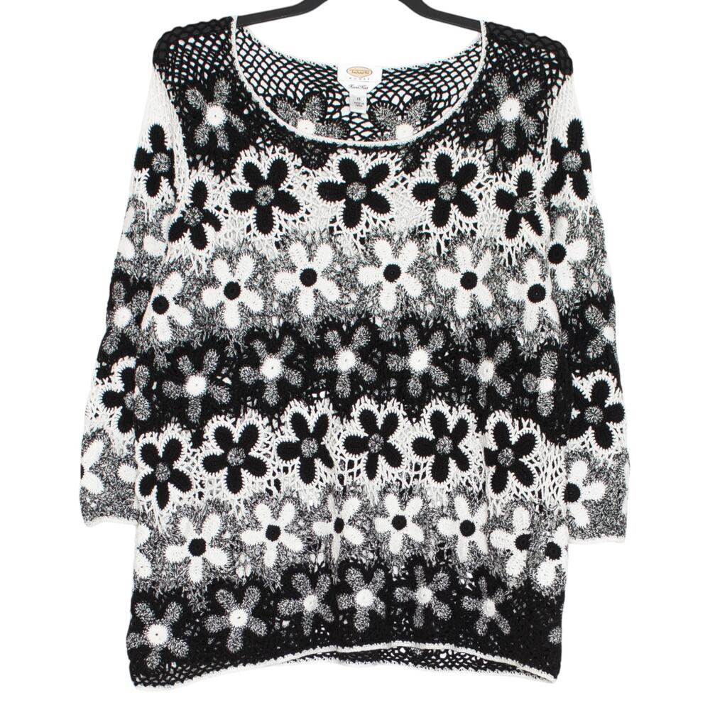 Talbots Vintage Linen Sweater Floral Crochet Open Knit Black White Boho 90s 1X